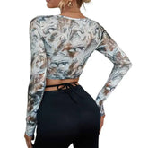Y2K Long Sleeve Earth Print Crop Top